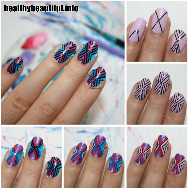 Geometric lines in various colors forming intricate patterns on each nail